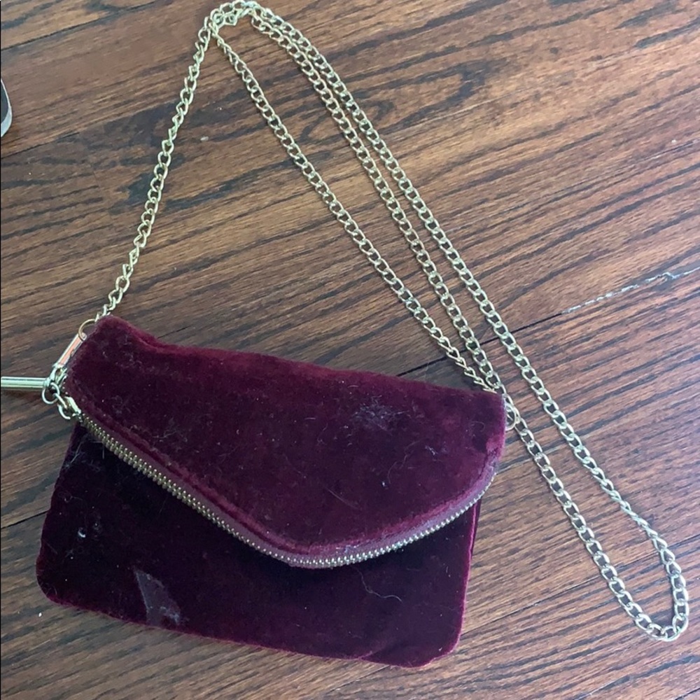 Burgundy velvet, gold chain crossover bag